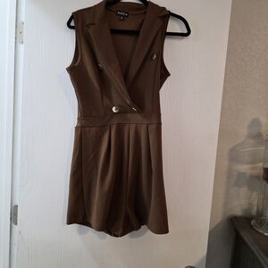 Brown Sleeveless Romper with Gold Buttons